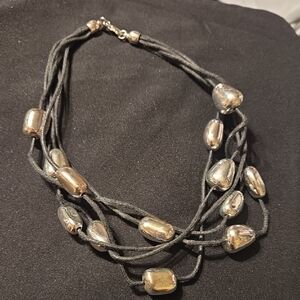Multi-Strand Black Cord Necklace with Silver Nugets